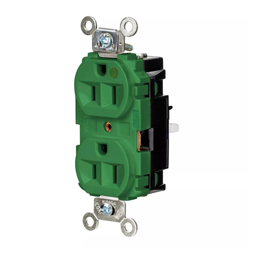 Hubbell HBL8200STGN, EdgeConnect Extra Heavy Duty Max Duplex Receptacles, Hospital Grade, Finder Groove Face, Spring Termination, 15A 125V, 5-15R, 2-Pole 3-Wire Grounding, Green