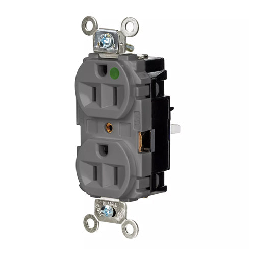 Hubbell HBL8200STGY, EdgeConnect Extra Heavy Duty Max Duplex Receptacles, Hospital Grade, Finder Groove Face, Spring Termination, 15A 125V, 5-15R, 2-Pole 3-Wire Grounding, Gray