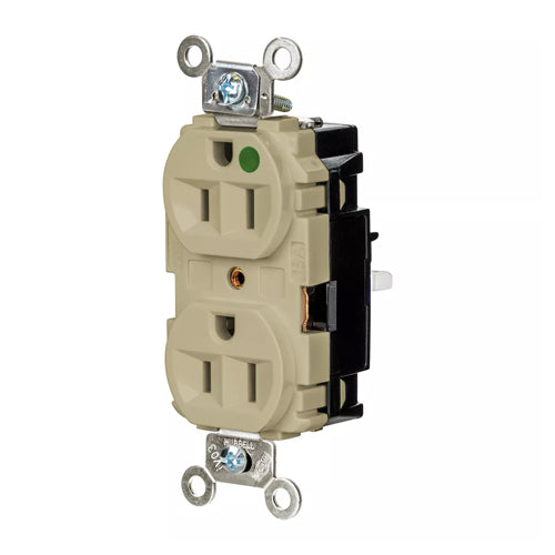 Hubbell HBL8200STI, EdgeConnect Extra Heavy Duty Max Duplex Receptacles, Hospital Grade, Finder Groove Face, Spring Termination, 15A 125V, 5-15R, 2-Pole 3-Wire Grounding, Ivory