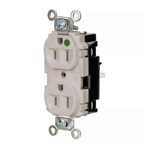 Hubbell HBL8200STLA, EdgeConnect Extra Heavy Duty Max Duplex Receptacles, Hospital Grade, Finder Groove Face, Spring Termination, 15A 125V, 5-15R, 2-Pole 3-Wire Grounding, Light Almond