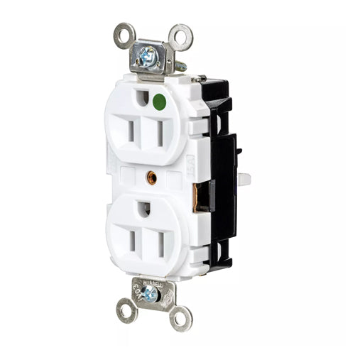 Hubbell HBL8200STW, EdgeConnect Extra Heavy Duty Max Duplex Receptacles, Hospital Grade, Finder Groove Face, Spring Termination, 15A 125V, 5-15R, 2-Pole 3-Wire Grounding, White