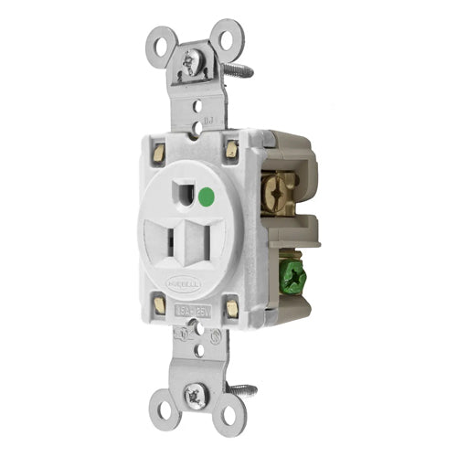 Hubbell HBL8210W, Extra Heavy Duty Max Receptacles, Single, Hospital Grade, Nylon Face, Back and Side Wired, 15A 125V, 5-15R, 2-Pole 3-Wire Grounding, White