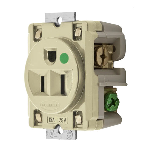 Hubbell HBL8284I, Extra Heavy Duty Max Receptacles, Single, Hospital Grade, Panel Mount on 1.94 In. (49.2) Centers, 15A 125V, 5-15R, 2-Pole 3-Wire Grounding, Ivory