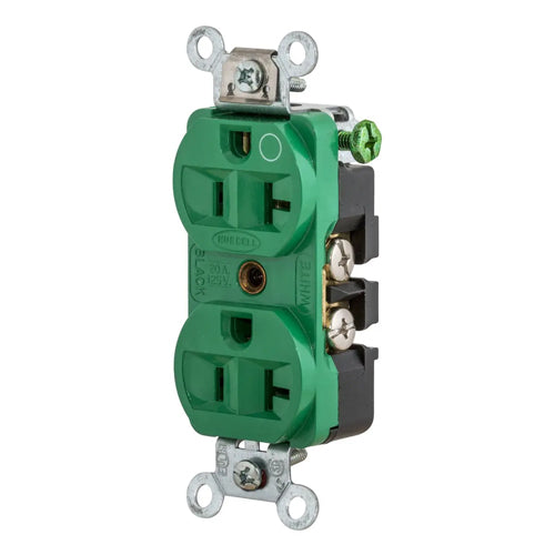 Hubbell HBL8300HGN, Extra Heavy Duty Max Receptacles, Duplex, Compact Hospital Grade, Thermoplastic Polyester Face, 20A 125V, 5-20R, 2-Pole 3-Wire Grounding, Green