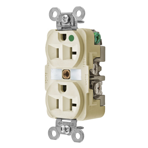 Hubbell  HBL8300I, Extra Heavy Duty Max Receptacles, Duplex, Hospital Grade, Thermoplastic Polyester Face, Back and Side Wired, 20A, 125V, 5-20R, 2-Pole 3-Wire Grounding, Ivory