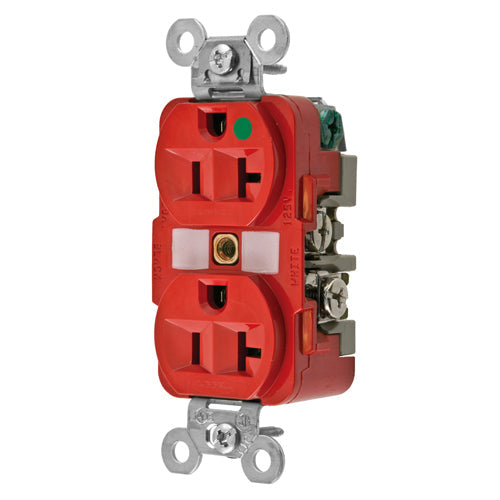 Hubbell HBL8300RED, Extra Heavy Duty Max Receptacles, Duplex, Hospital Grade, Thermoplastic Polyester Face, Back and Side Wired, 20A, 125V, 5-20R, 2-Pole 3-Wire Grounding, Red