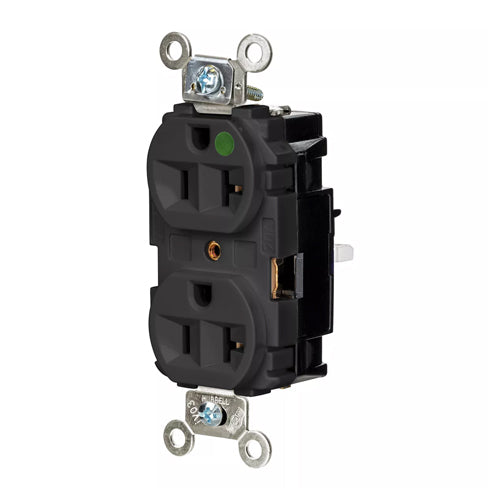 Hubbell HBL8300STBK, EdgeConnect Extra Heavy Duty Max Duplex Receptacles, Hospital Grade, Finder Groove Face, Spring Termination, 20A 125V, 5-20R, 2-Pole 3-Wire Grounding, Black