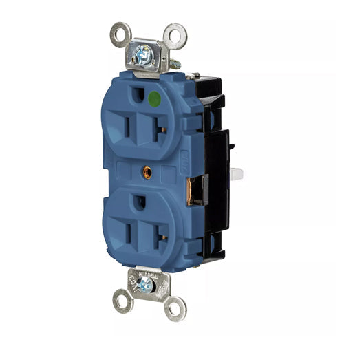 Hubbell HBL8300STBL, EdgeConnect Extra Heavy Duty Max Duplex Receptacles, Hospital Grade, Finder Groove Face, Spring Termination, 20A 125V, 5-20R, 2-Pole 3-Wire Grounding, Blue