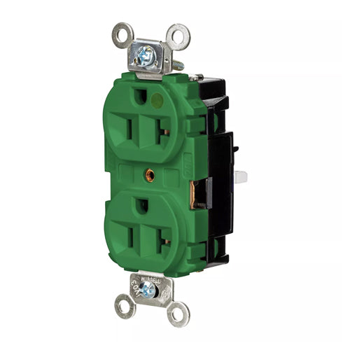 Hubbell HBL8300STGN, EdgeConnect Extra Heavy Duty Max Duplex Receptacles, Hospital Grade, Finder Groove Face, Spring Termination, 20A 125V, 5-20R, 2-Pole 3-Wire Grounding, Green