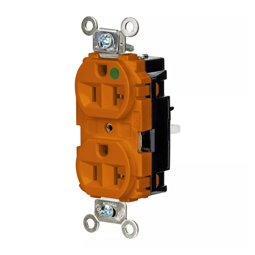 Hubbell HBL8300STO, EdgeConnect Extra Heavy Duty Max Duplex Receptacles, Hospital Grade, Finder Groove Face, Spring Termination, 20A 125V, 5-20R, 2-Pole 3-Wire Grounding, Orange