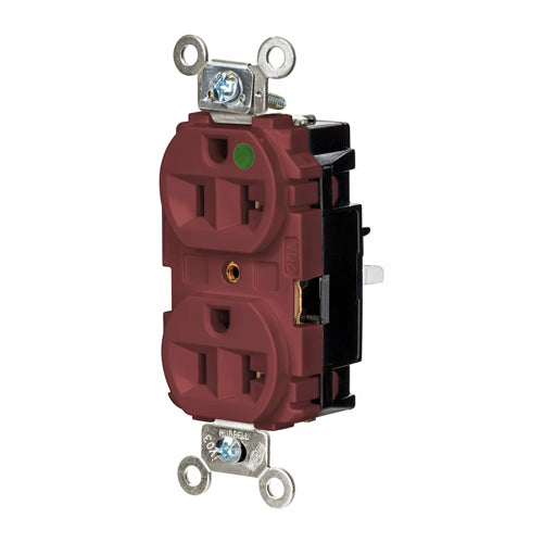 Hubbell HBL8300STR, EdgeConnect Extra Heavy Duty Max Duplex Receptacles, Hospital Grade, Finder Groove Face, Spring Termination, 20A 125V, 5-20R, 2-Pole 3-Wire Grounding, Red