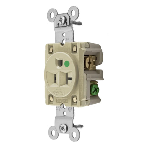 Hubbell HBL8310I, Extra Heavy Duty Max Receptacles, Single, Hospital Grade, Nylon Face, Back and Side Wired, 20A 125V, 5-20R, 2-Pole 3-Wire Grounding, Ivory