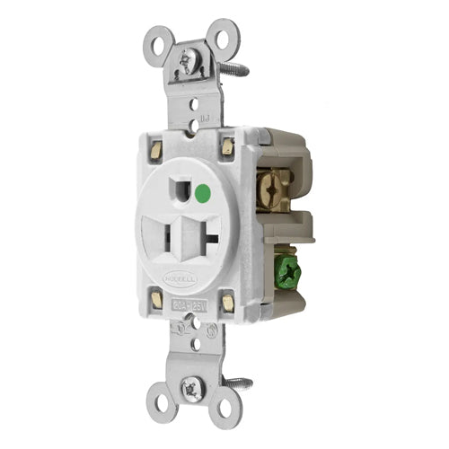 Hubbell HBL8310W, Extra Heavy Duty Max Receptacles, Single, Hospital Grade, Nylon Face, Back and Side Wired, 20A 125V, 5-20R, 2-Pole 3-Wire Grounding, White