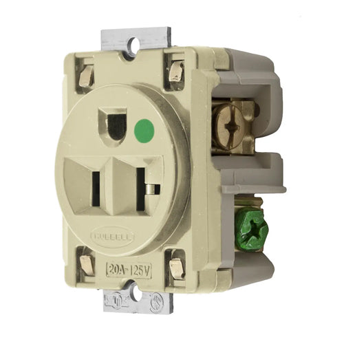 Hubbell HBL8384I, Extra Heavy Duty Max Receptacles, Single, Hospital Grade, Panel Mount on 1.94 In. (49.2) Centers, 20A 125V, 5-20R, 2-Pole 3-Wire Grounding, Ivory