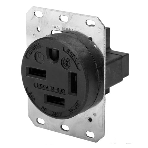 Hubbell HBL8450A, Single Flush RTP Receptacles, Industrial Grade, 50A 250V, 15-50R, 3 Phase, 3-Pole 4-Wire Grounding, Black
