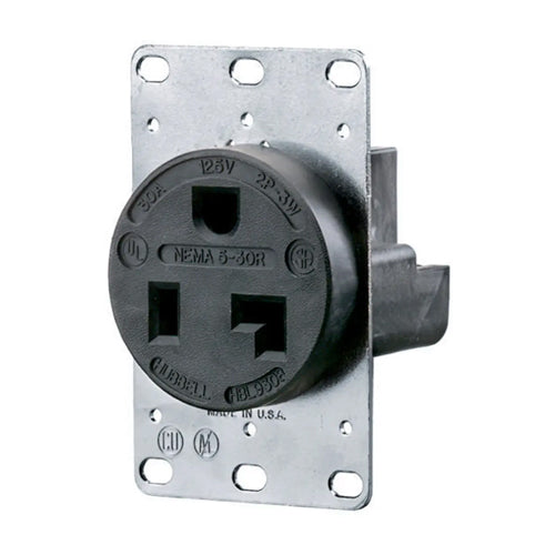 Hubbell HBL9308, Single Flush Receptacle, Reinforced Thermoplastic Polyester Housing, 30A 125V, 5-30R, 2-Pole 3-Wire Grounding, Black