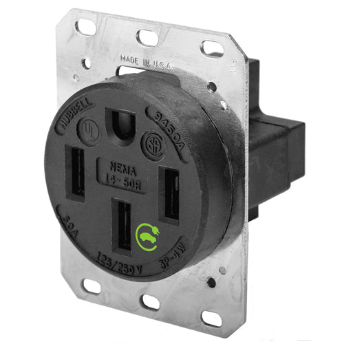 Hubbell HBL9450A, Single Flush Receptacle, Reinforced Thermoplastic Polyester Housing, 50A 125/250V, 14-50R, 3-Pole 4-Wire Grounding, Black