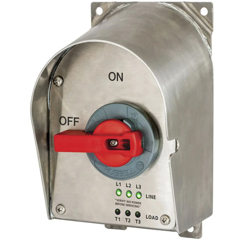 Hubbell HBLDS10SSRP, Circuit-Lock Unfused Disconnect Switch with LED Indicators, Stainless Steel Sloped Top, 100A 600V AC, 3-Pole, NEMA 4X Enclosure