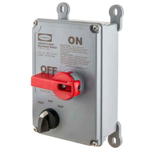 Hubbell HBLDS3ACJ, Non-Metallic Labelless Disconnect Switch with Jog Switch and HBLAC1 Auxiliary Contact, 30A 600V AC, 3-Pole, NEMA 4X Enclosure