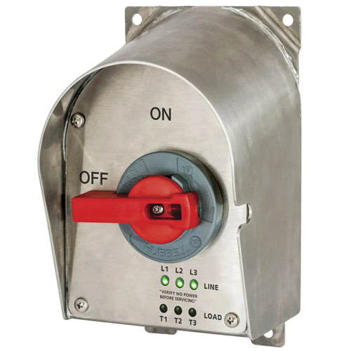 Hubbell HBLDS3SSRP, Circuit-Lock Unfused Disconnect Switch with LED Indicators, Stainless Steel Sloped Top, 30A 600V AC, 3-Pole, NEMA 4X Enclosure