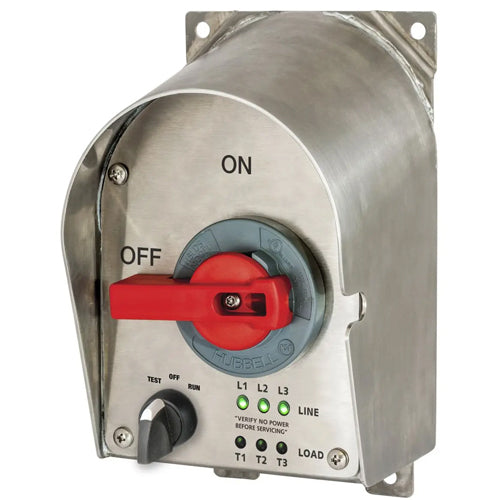 Hubbell HBLDS3SSRPJ, Stainless Steel Sloped Top Disconnect Switch with Jog Switch and LED Indicators, 30A 600V AC, 3-Pole, NEMA 4X Enclosure