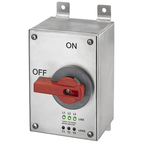 Hubbell HBLDS6SSP, Circuit-Lock Unfused Disconnect Switch with LED Indicators, Stainless Steel Square Top, 60A 600V AC, 3-Pole, NEMA 4X Enclosure