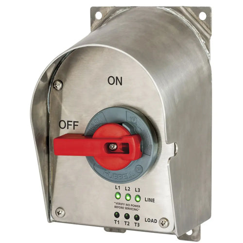 Hubbell HBLDS6SSRP, Circuit-Lock Unfused Disconnect Switch with LED Indicators, Stainless Steel Sloped Top, 60A 600V AC, 3-Pole, NEMA 4X Enclosure