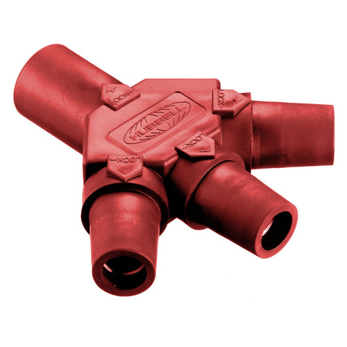 Hubbell HBLM3FR, Series 16 Single Pole, Tri-Tap Connector (Male-Female-Female-Female), 300/400A 600V AC/DC, Red