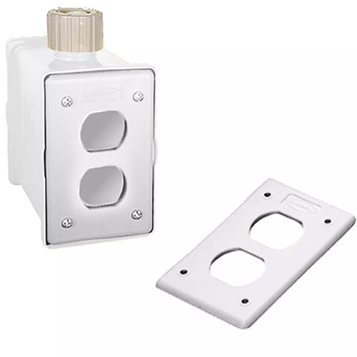 Hubbell HBLPOB1DL, White Portable Outlet Box With Cord Strain Relief, with Two Duplex Plates