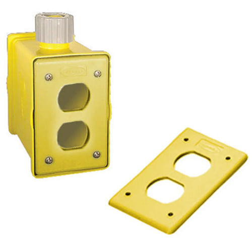 Hubbell HBLPOB1DY, Yellow Portable Outlet Box With Cord Strain Relief, with Two Duplex Plates