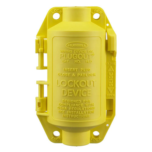 Hubbell HLD, PLUGOUT Lockout Device for 20 and 30A Hubbell Plugs and Others, Yellow