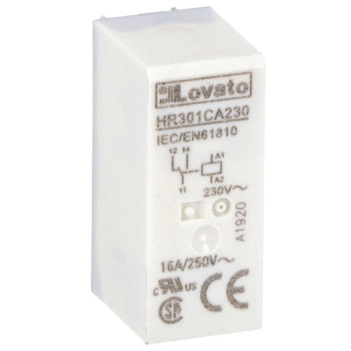 Lovato HR301CA230, Miniature Relay, 230VAC, 16A, 1 Changeover Contact, Fitting on Socket HR5XS2... (max 10A)