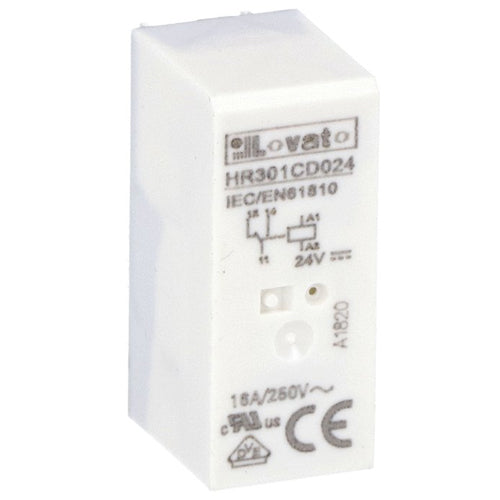 Lovato HR301CD024, Miniature Relay, 24VDC, 16A, 1 Changeover Contact, Fitting on Socket HR5XS2... (max 10A)
