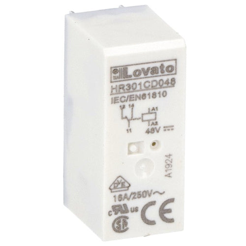 Lovato HR301CD048, Miniature Relay, 48VDC, 16A, 1 Changeover Contact, Fitting on Socket HR5XS2... (max 10A)