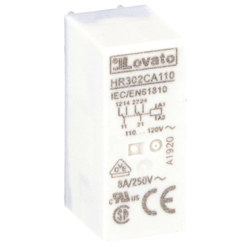 Lovato HR302CA110, Miniature Relay, 110/120VAC, 8A, 2 Changeover Contact, Fitting on Socket HR5XS2...