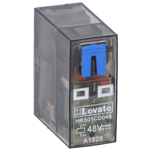 Lovato HR501CD048, Miniature Relay with LED State Indicator and Mechanical Actuator, 48VDC, 16A, 1 Changeover Contact, Clear Enclosure, Fitting on Socket HR5XS2... (max 10A)
