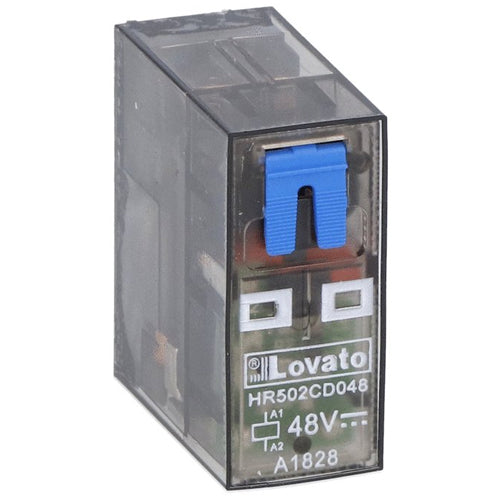 Lovato HR502CD110, Miniature Relay with LED State Indicator and Mechanical Actuator, 110VDC, 8A, 2 Changeover Contact, Clear Enclosure, Fitting on Socket HR5XS2...
