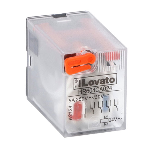 Lovato HR604CA024, Industrial Relay with LED Indicator and Mechanical Actuator, 4 Changeover Contacts, 5A, 24VAC Control Voltage