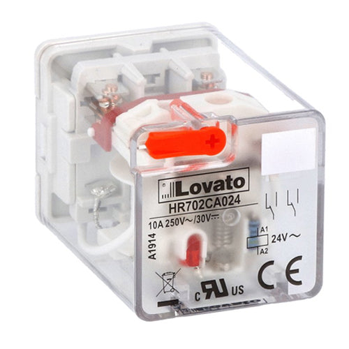 Lovato HR702CA024, 8-Pin Industrial Relay with LED Indicator and Mechanical Actuator, 2 Changeover Contacts, 10A, 24VAC Control Voltage