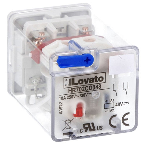 Lovato HR702CD048, 8-Pin Industrial Relay with LED Indicator and Mechanical Actuator, 48VDC, 10A, 2 Changeover Contact, Fitting on Socket HR7XS1
