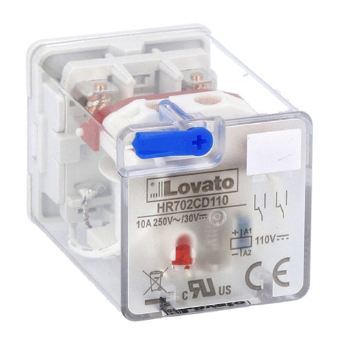 Lovato HR702CD110, 8-Pin Industrial Relay with LED Indicator and Mechanical Actuator, 2 Changeover Contacts, 10A, 110VDC Control Voltage