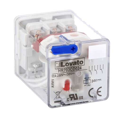 Lovato HR703CD024, 11-Pin Industrial Relay with LED Indicator and Mechanical Actuator, 3 Changeover Contacts, 10A, 24VDC Control Voltage