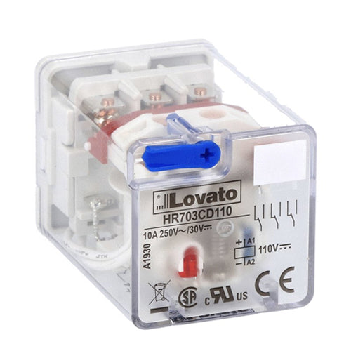 Lovato HR703CD110, 11-Pin Industrial Relay with LED Indicator and Mechanical Actuator, 3 Changeover Contacts, 10A, 110VDC Control Voltage