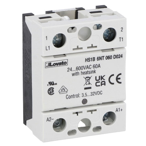 Lovato HS1B6NT060E230, Hockey Puck Solid State Relay, Single-Phase, 60A, 18...280VAC/DC, Screw Terminals