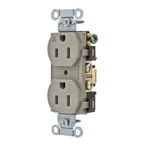 Hubbell IG15CRGRY, Commercial Grade Duplex Receptacles, Isolated Ground, Side Wired Only, 15A 125V, 5-15R, 2-Pole 3-Wire Grounding, Gray