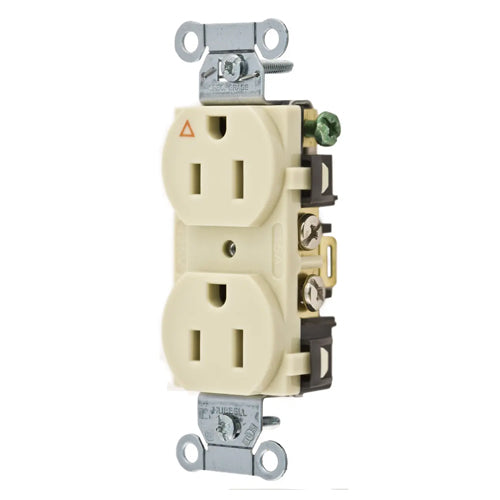 Hubbell IG15CRI, Commercial Grade Duplex Receptacles, Isolated Ground, Side Wired Only, 15A 125V, 5-15R, 2-Pole 3-Wire Grounding, Ivory