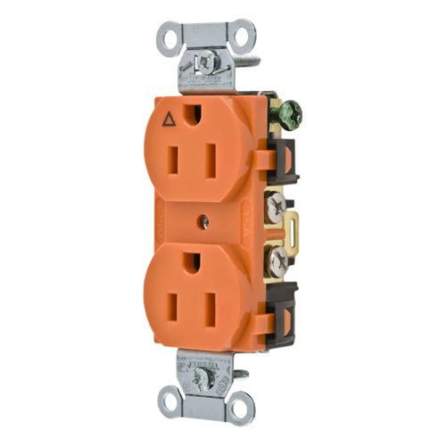 Hubbell IG15CR, Commercial Grade Duplex Receptacles, Isolated Ground, Side Wired Only, 15A 125V, 5-15R, 2-Pole 3-Wire Grounding, Orange