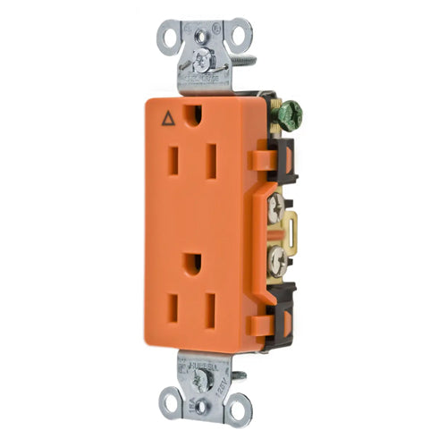 Hubbell IG15DR, Commercial Grade Decorator Duplex Receptacles, Isolated Ground, Back and Side Wired, 15A 125V, 5-15R, 2-Pole 3-Wire Grounding, Orange
