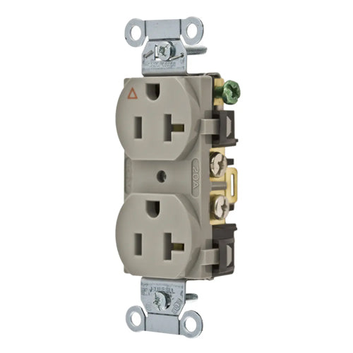 Hubbell IG20CRGRY, Commercial Grade Duplex Receptacles, Isolated Ground, Side Wired Only, 20A 125V, 5-20R, 2-Pole 3-Wire Grounding, Gray