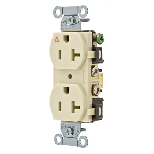 Hubbell IG20CRI, Commercial Grade Duplex Receptacles, Isolated Ground, Side Wired Only, 20A 125V, 5-20R, 2-Pole 3-Wire Grounding, Ivory